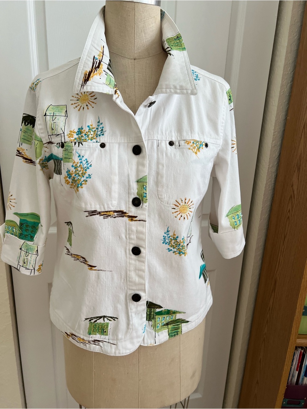 Women’s White Printed Jean Jacket with Green & Turquoise Motif
